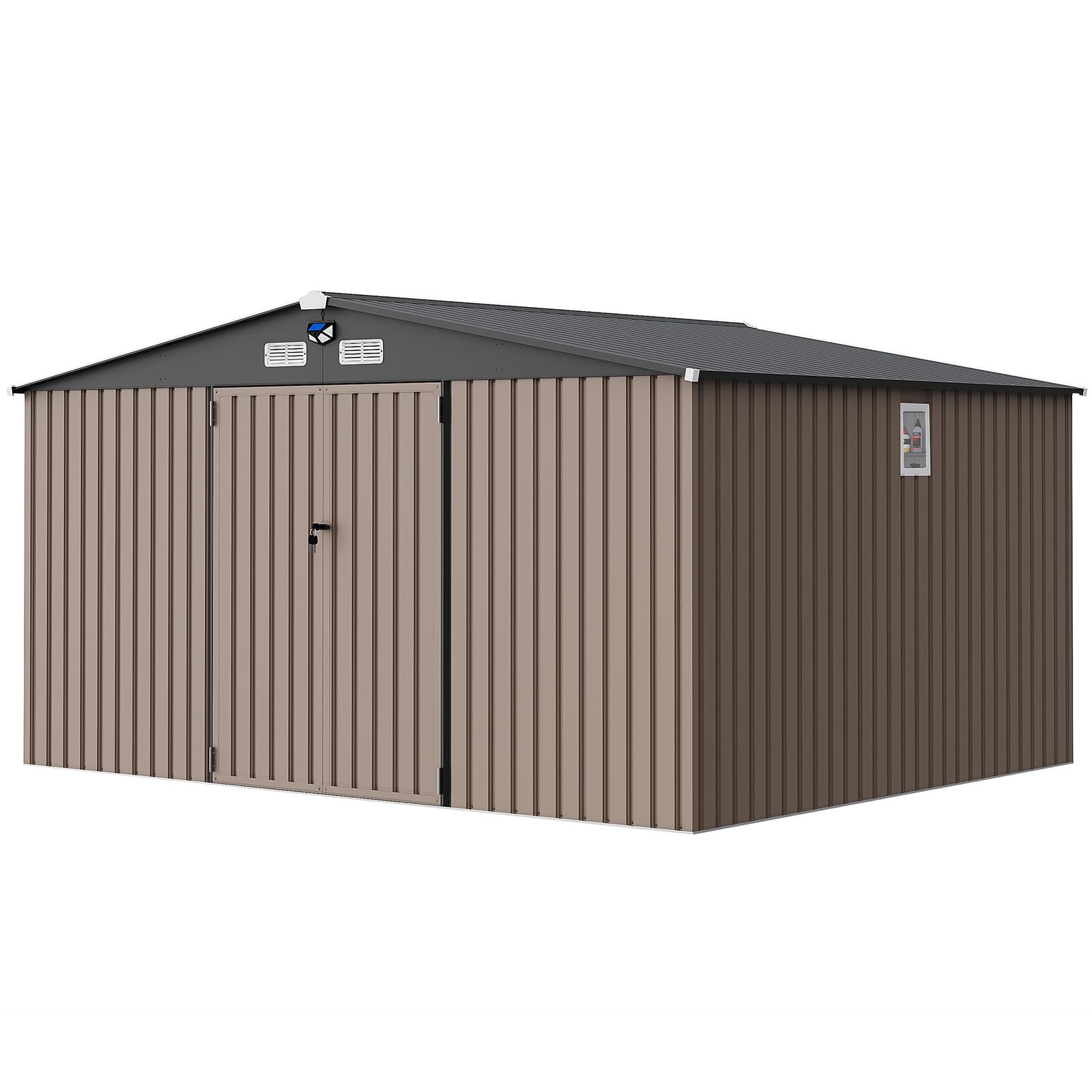 Photo 1 of 10x12FT Outdoor Storage Shed Metal Tool Shed with Sloped Roof Windows Solar Light Lockable Doors and Keys for Garden Backyard Patio Equipment and Tools Warm Gray