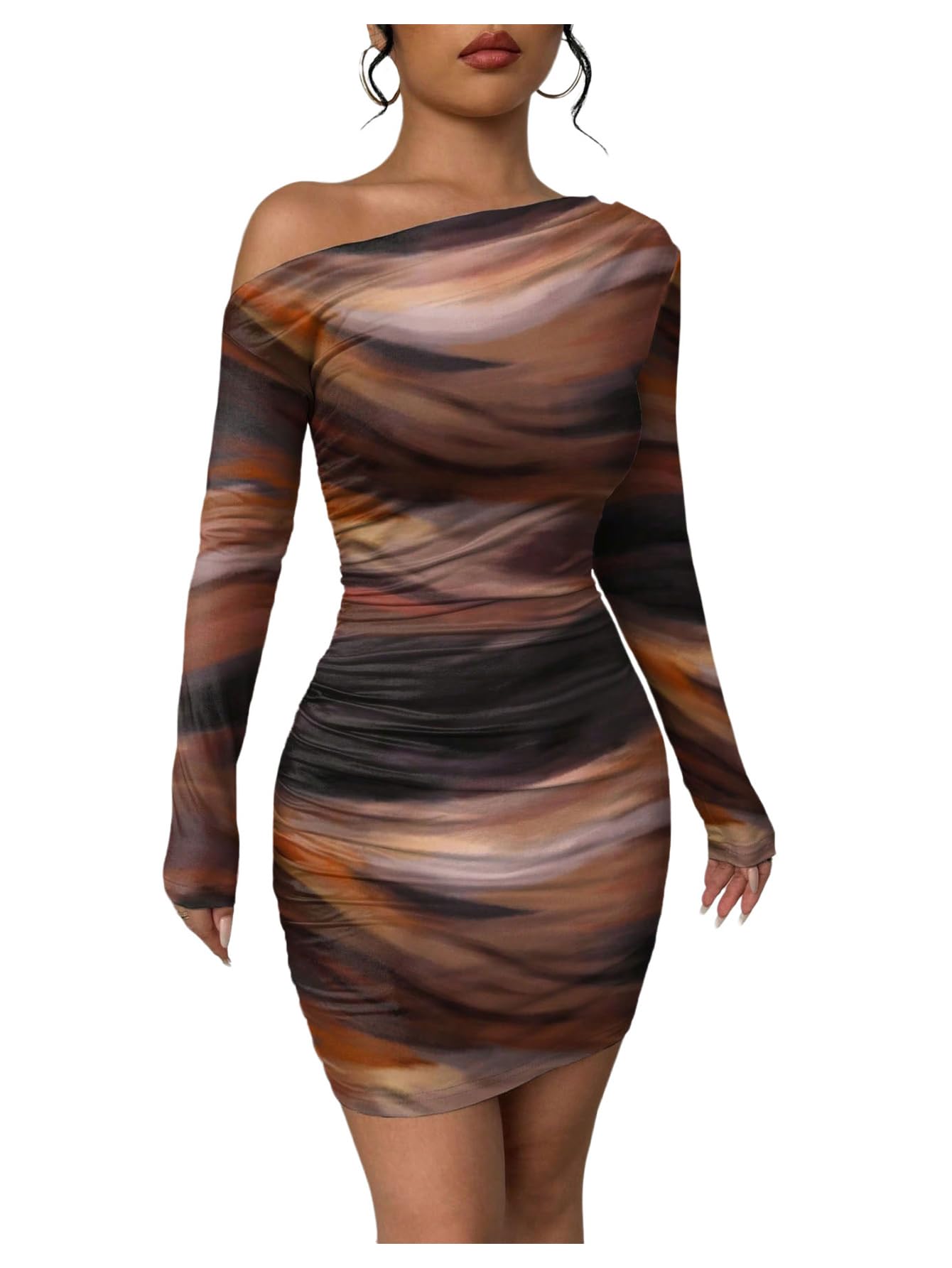 Photo 1 of RoseSeek Women's Off Shoulder Ombre Tie Dye Bodycon Dress Long Sleeve Slim Fit Pencil Mini Dresses Rust Brown Large