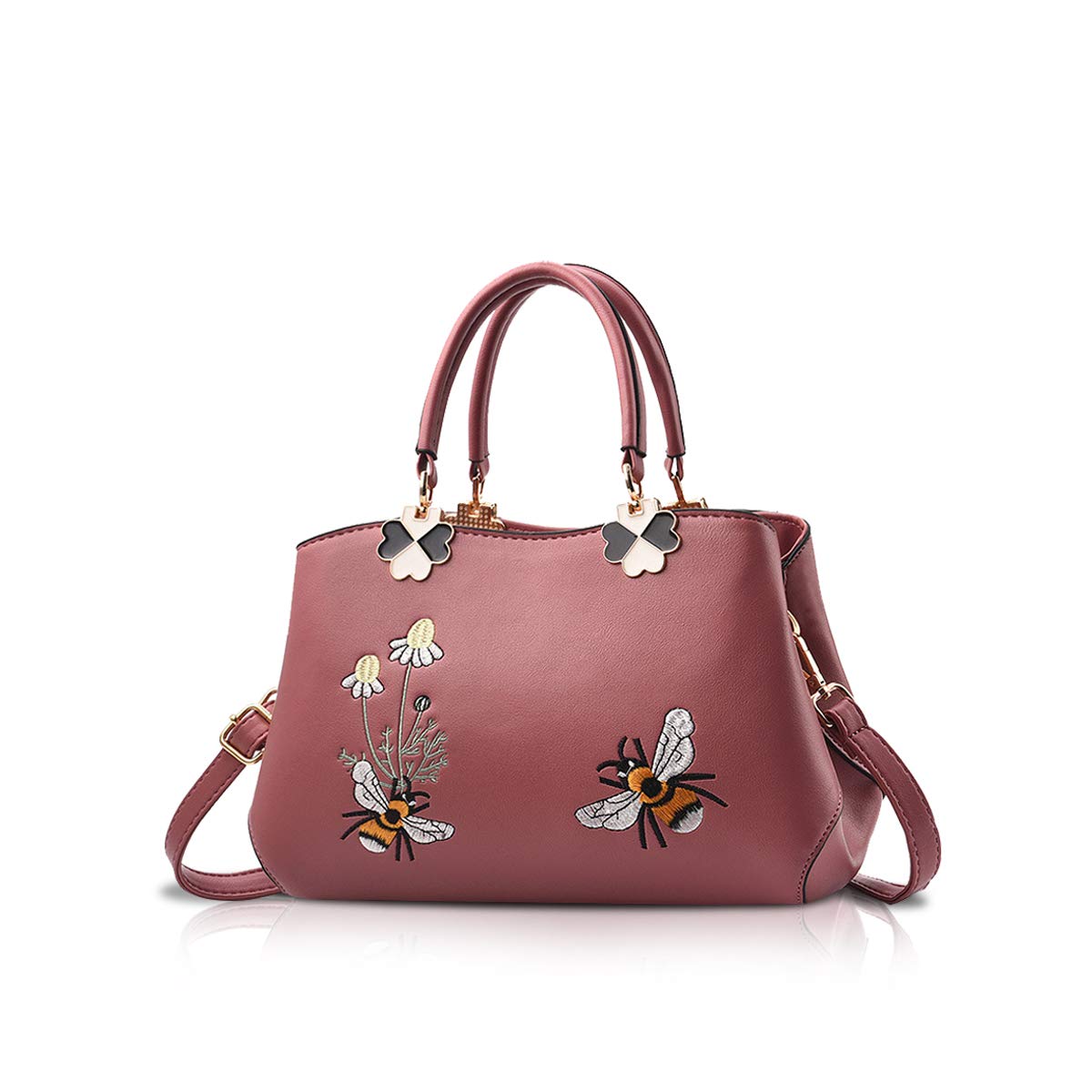 NICOLE&DORIS Women Top Handle Handbags Retro Crossbody Bag Ladies Fashion Shoulder Bag Purse Tote Embroidery Dark Pink Bee 2