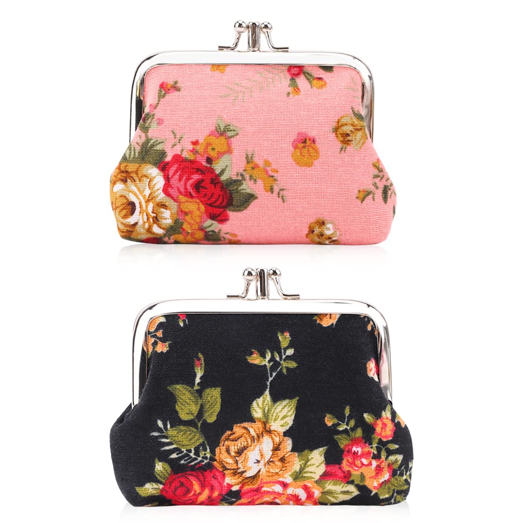 Oyachic 2 Packs Women's Coin Purse, Mini Buckle Coin Pouch, Retro Rose Change Wallet, Floral Kiss Lock Clutch Handbag, Double Clasp Closure Cloth Wallet