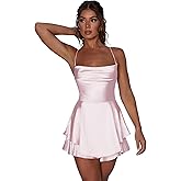 AGYMNX Women Sexy Spaghetti Strap Satin Dress Sleeveless Low Cut Backless Short Romper Dress Party Jumpsuit Mini Sundress