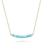 PEARLADA Turquoise/Lapis Lazuli Beaded Bar Pendant Necklace, Dainty 18k Gold Plated Chain Choker Necklace, Boho Turquoise Jewelry for Women