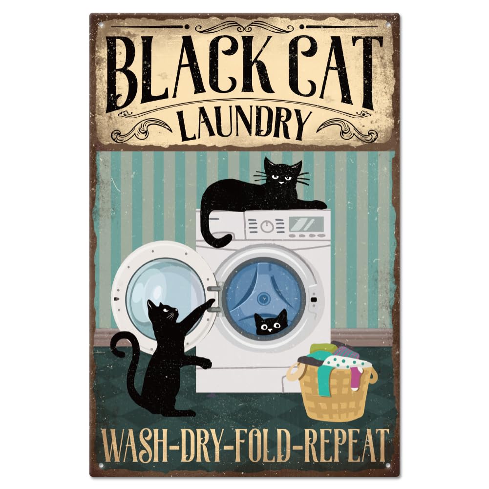GLOBLELAND Vintage Laundry Metal Tin Sign For Garage Man Cave Cat and Funny Text Retro Personalized Signs Garden Signs Art Plaque Poster Wall Decor for Home Kitchen Bar Club 8×12inch