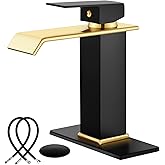 Midanya Waterfall Bathroom Faucets, Single Handle 1 Hole Bathroom Sink Faucet Modern RV Vanity Restroom Lavatory Basin Faucet with Pop Up Drain and Water Supply Lines,Matte Black and Shiny Gold