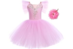 AFAVOM Toddler Ballet Leotards for Girls Glitter Tulle Skirt 2PCS Ruffle Sleeve Tutu Dresses with Hair Clip One Piece Outfits