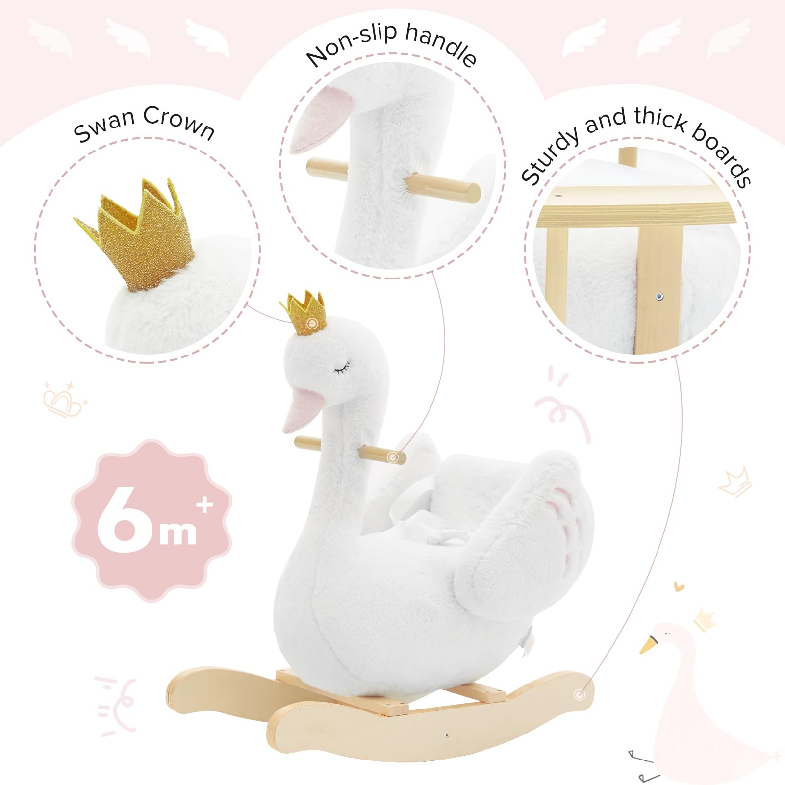 labebe Kids Rocking Horse White Swan, Stuffed Animal Wooden Rocker for Children 6 Months Boys and Girls/Nursery Christmas, Birthday Gift (Rocking Swan)