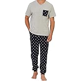 Keyocean Mens Pajama Set, Soft Cotton V-Neck Short-Sleeve T-Shirt & Pants Summer PJ Set for Sleeping
