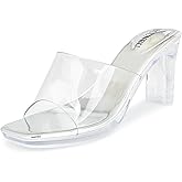 NBUUNBU Chunky Heels for Women Clear Platform Heels Sexy Block High Heels Sandals Square Toe Open Toe Transparent Strap Comfortable Dress Shoes Slip on Mules