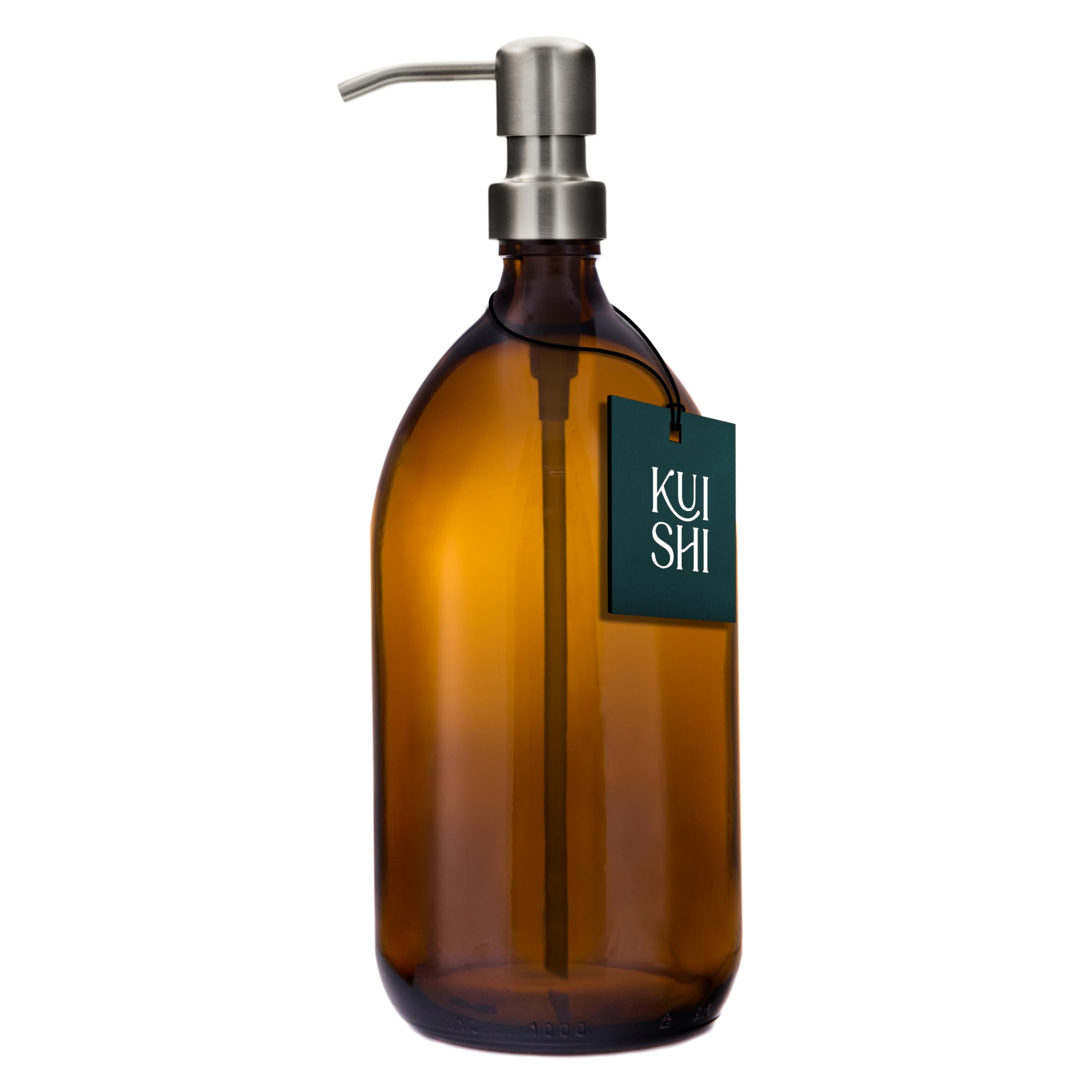 Kuishi Glass Soap Dispenser with Silver Stainless Steel Pump - 1000ml Refillable BPA-Free Hand Soap Dispenser for Kitchen & Bathroom, Amber