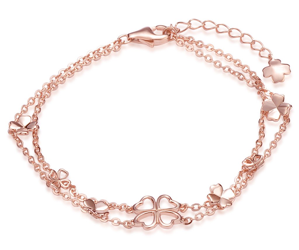 Infinite U Lucky Four Leaf Clovers Womens Link Charm Bracelet 925 Sterling Silver Double Strands Chains with Extension, Rose Gold
