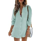 Womens Beach Cover Up Button Down Shirts Summer Cotton Gauze Tops Long Sleeve Bikini Swimsuit