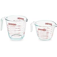 Pyrex 2 Piece Glass Measuring Cup Set, Includes 1-Cup, and 2-Cup Tempered Glass Liquid Measuring Cups, Dishwasher, Freezer, M