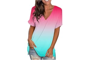 Attine Summer Tops for Women 2024 Fashion Gradient Color Shirt V Neck Rolled Short Sleeve Tunic Side Split Loose Fit Pullover