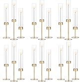 Glass Hurricane Candlestick Holders Gold - Romadedi 18 PCS Taper Candle Holder Bulk Tall Clear Glass Cylinder Table Centerpiece Wedding Decor Party Birthday Christmas Home Decorations