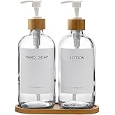BONLONG Clear Glass Soap Dispenser with Bamboo Pumps&Tray&Labels, Hand Dispenser, Lotion Dispenser, Dish Soap Dispenser for Kitchen Sink. (Clear)