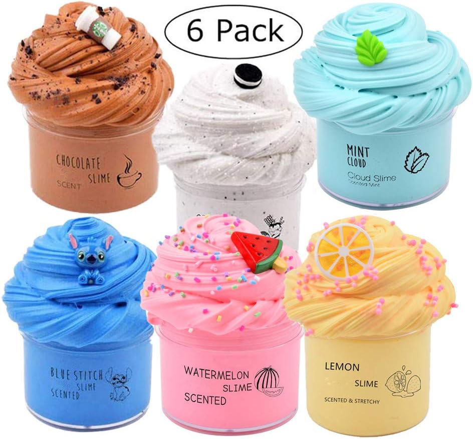 sloueasy 6 Pack Butter Slime Kit, with Yellow Color Lemon Slime, Coffee Slime, Watermelon Slime, Stitch Slime, Oreo and Mint Slime, Super Soft & Non-Sticky, Birthday Gifts for Girls and Boys