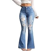 Bell Bottom Jeans for Women High Waisted Stretch Ripped Skinny Hole Classic Raw Hem Denim Flare Pants