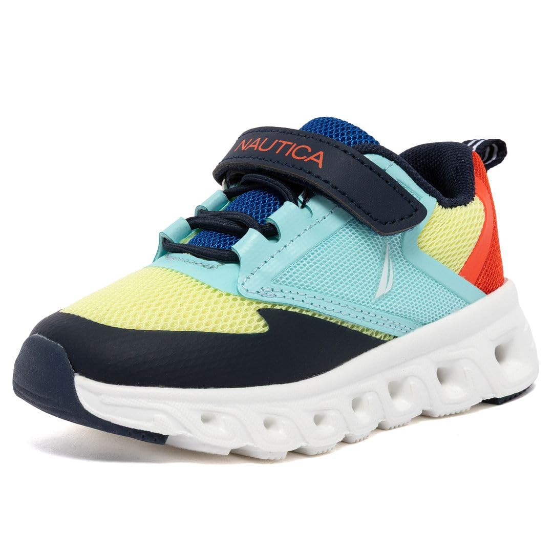 Nautica Toddler Sneakers for Boys & Girls – Athletic Shoes with Hook-and-Loop Strap and Bungee Laces, Cloud Air-Tech Sole, Cushioned Insole for Running and Play-Mercer-Lime Multi-7 Image