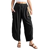 TARSE Women's Linen Harem Pants Casual Loose Drawstring Elastic Waist Summer Beach Travel Vacation with Pockets