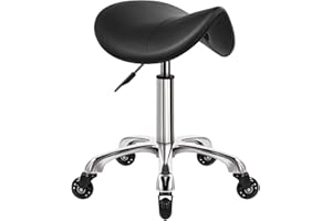 WKWKER Heavy Duty Saddle Rolling Stool with Wheels Hydraulic Swivel Adjustable Rolling Stool Ergonomic Thick Leather Seat Stool Chair for Kitchen Drafting Lab Office Salon Message Stool – Black