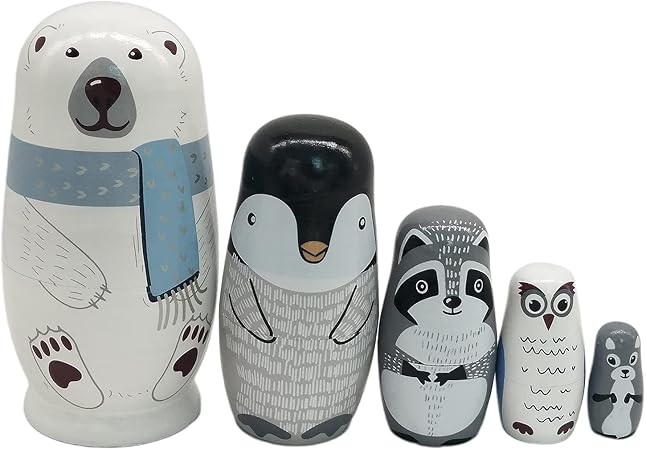 Amazon N A マトリョーシカ人形 入れ子 ロシア人形 バスウッド製 可愛い動物 ベア 手工芸 インテリア 置物 手作り工芸品 クリスマスギフト 5個入 民芸品 おもちゃ