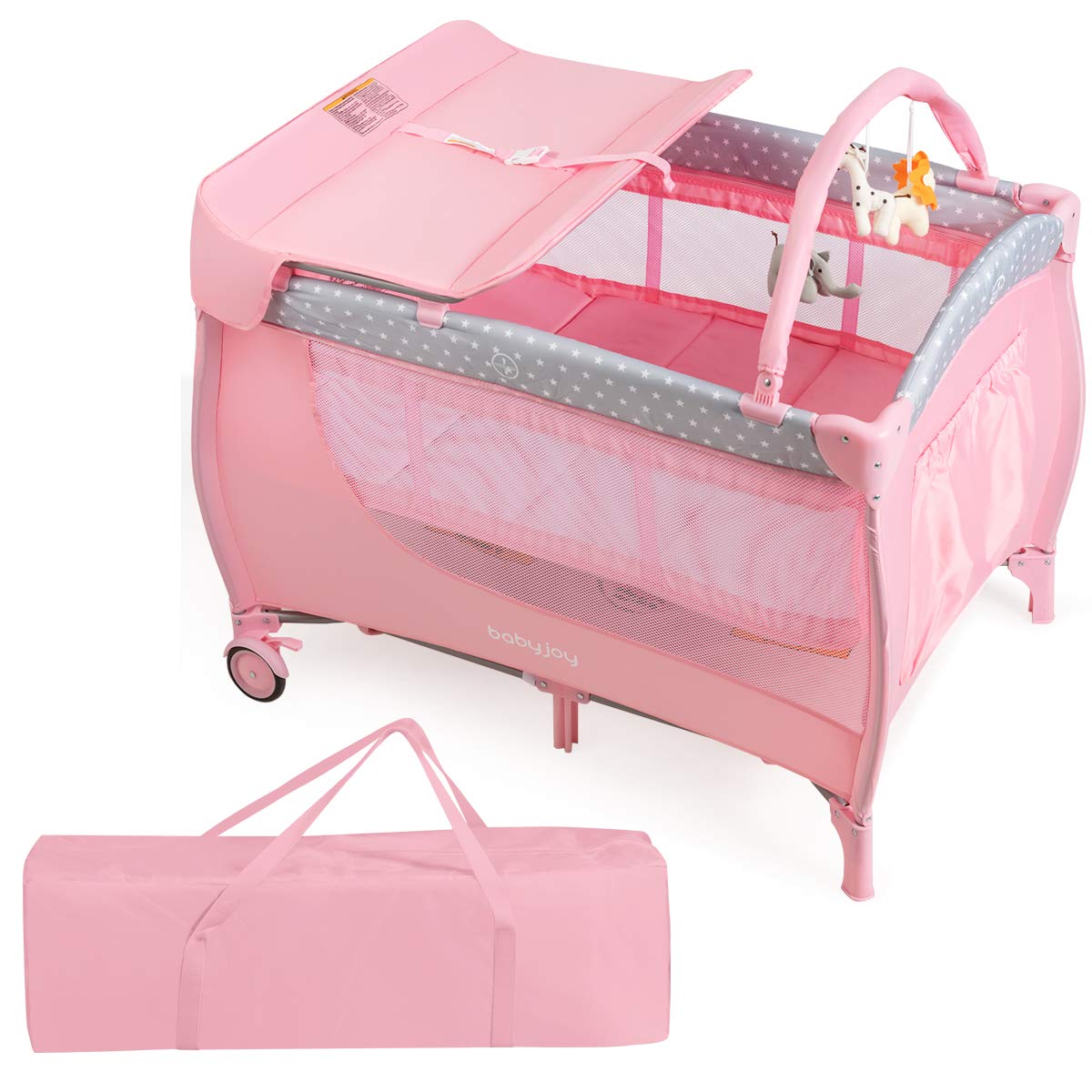 BABY JOY 3 in 1 Pack and Play, Foldable Baby Travel Crib with Bassinet, Changing Table, Brake Wheel, Convertible, Newborn Napper with Storage Shelf, Oxford Carry Bag, Portable Baby Playard