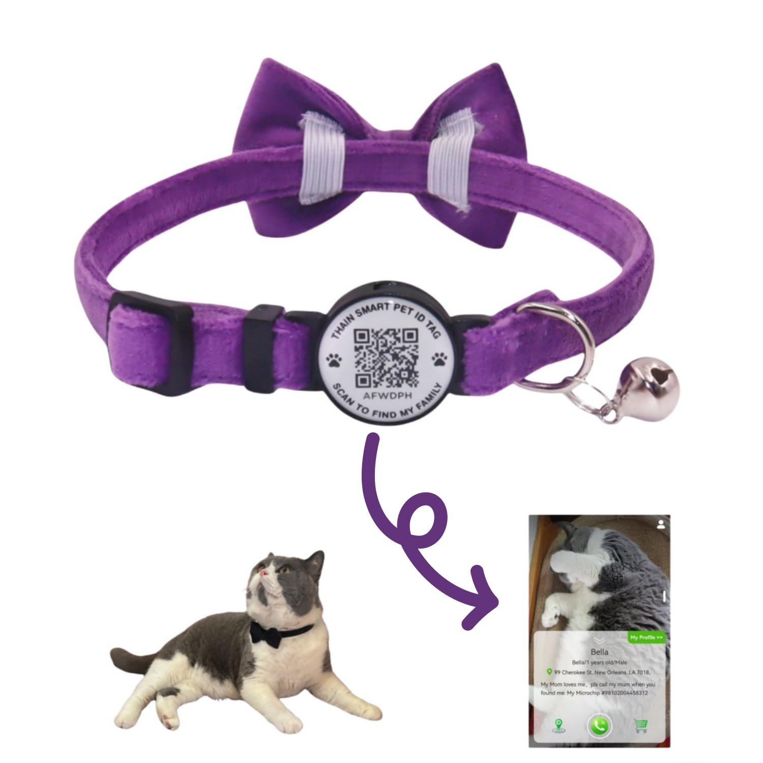 THAIN Personalised Cat Collar with bell and Bowtie Breakaway QR Code Name Smart ID tag quick release soft comfortable collar for cats and kittens (Purple)