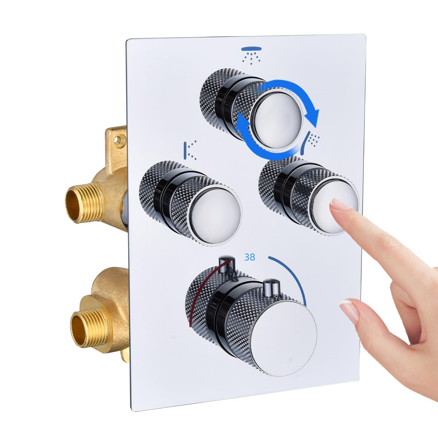 Thermostatic 3 Way Concealed Shower Mixer - Chrome 3 Outlet Diverter Valve with Push Button, Adjustable Flow & Temperature, Simultaneous Operation