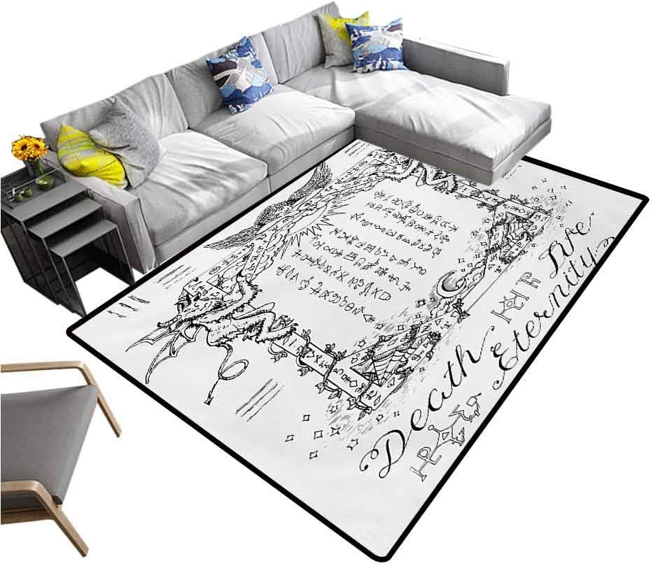 Occult Modern Indoor Rugs Gothic Medieval Magic and Spell Symbols Eternal Life Ritual Chart Themed Artwork Yoga Mat Rug White Black (4'x5')