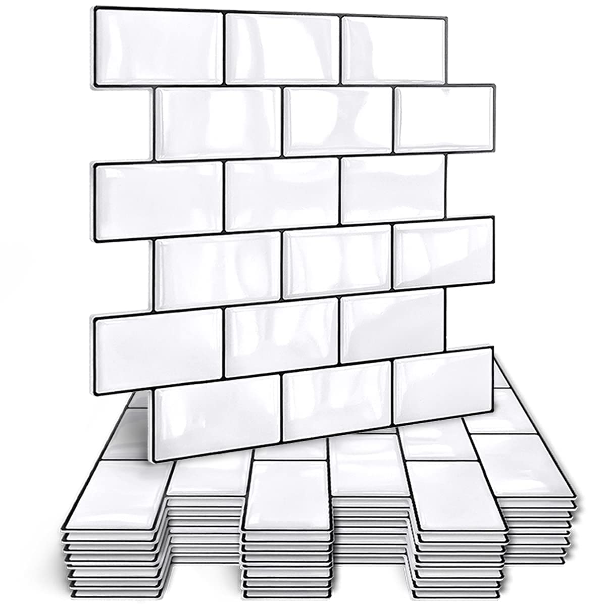 HyFanStr Thickened Self Adhesive Wall Tiles Kitchen Backsplash, Waterproof Stick, 3D Peel and Stick Bathroom Subway Tiles (10, White)