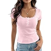 Cioatin Women Y2K Lace Patchwork Short Sleeve Pointelle Crop Tshirt Button Up Scoop Neck Henley Tee Shirt Tops Summer