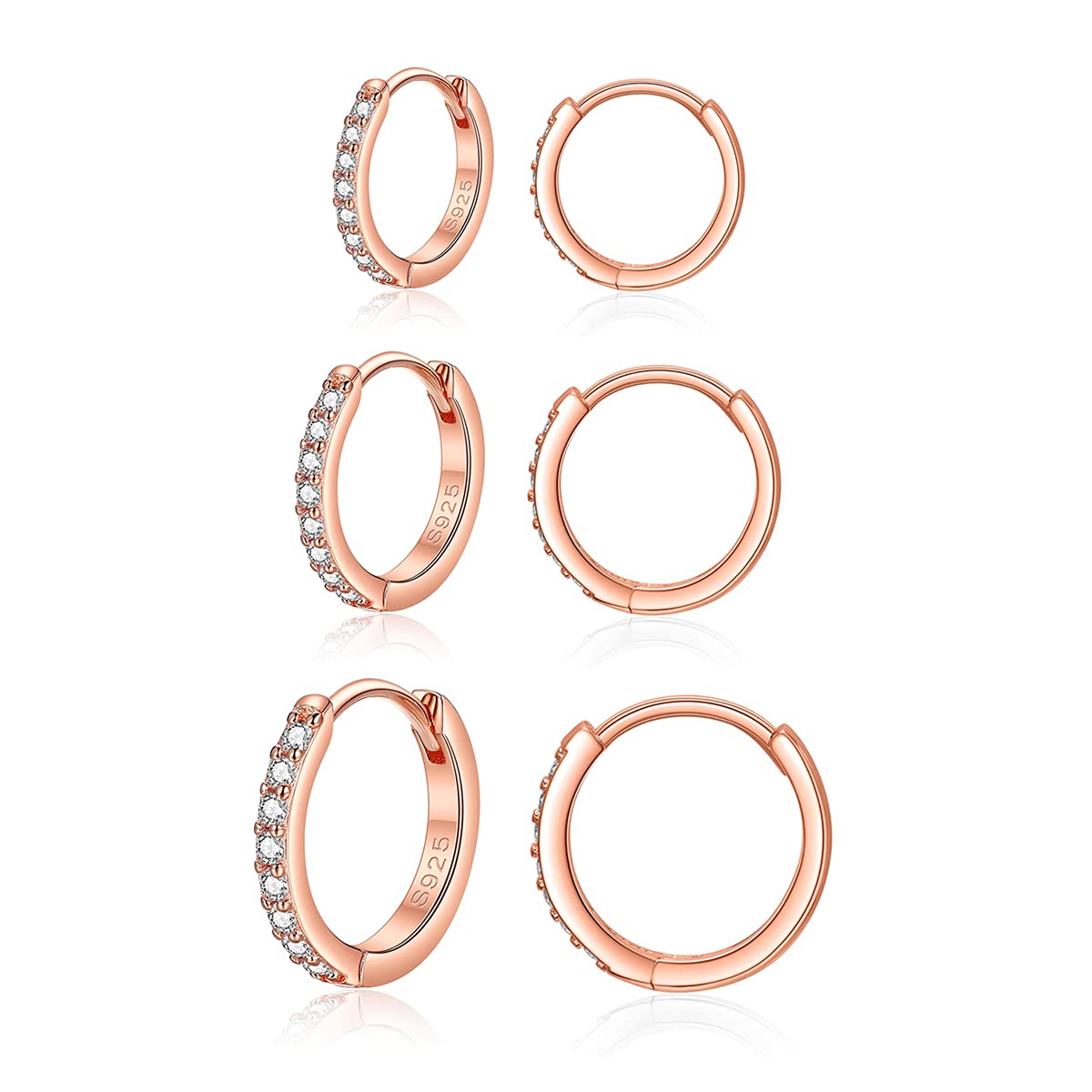 Deyanse Silver Hoops Earrings for Women, 925 Sterling Silver Rose Gold Hoop Earrings Set with Cubic Zirconia, Silver Small Sleeper Huggie Hinged Hoops Earring, Unisex Hoop Earring Set in 10, 12, 14mm