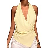 OYOANGLE Women's Y2K Draped Halter Tops Asymmetrical Hem Sleeveless Backless Wrap Front Going Out Tank Top