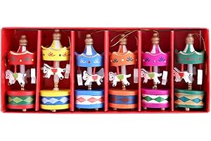 Yosoo 6pcs in One Set Wooden Carousel Horse Vintage Mini Hanging Pendant Christmas Tree Ornaments Christmas Birthday Gift Mixed Color