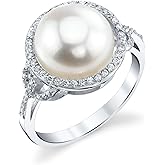 The Pearl Source Freshwater Cultured Pearl Ring for Women with Button Pearl and Cubic Zirconia on Sterling Silver