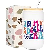 kdxpbpz Soccer Gifts for Girls, Iced Coffee Cup, 16 oz Glass Cups with Lids Straws, Soccer Accessories, Birthday Christmas Gifts for Women Mom Coach Players Teams, Party Favors