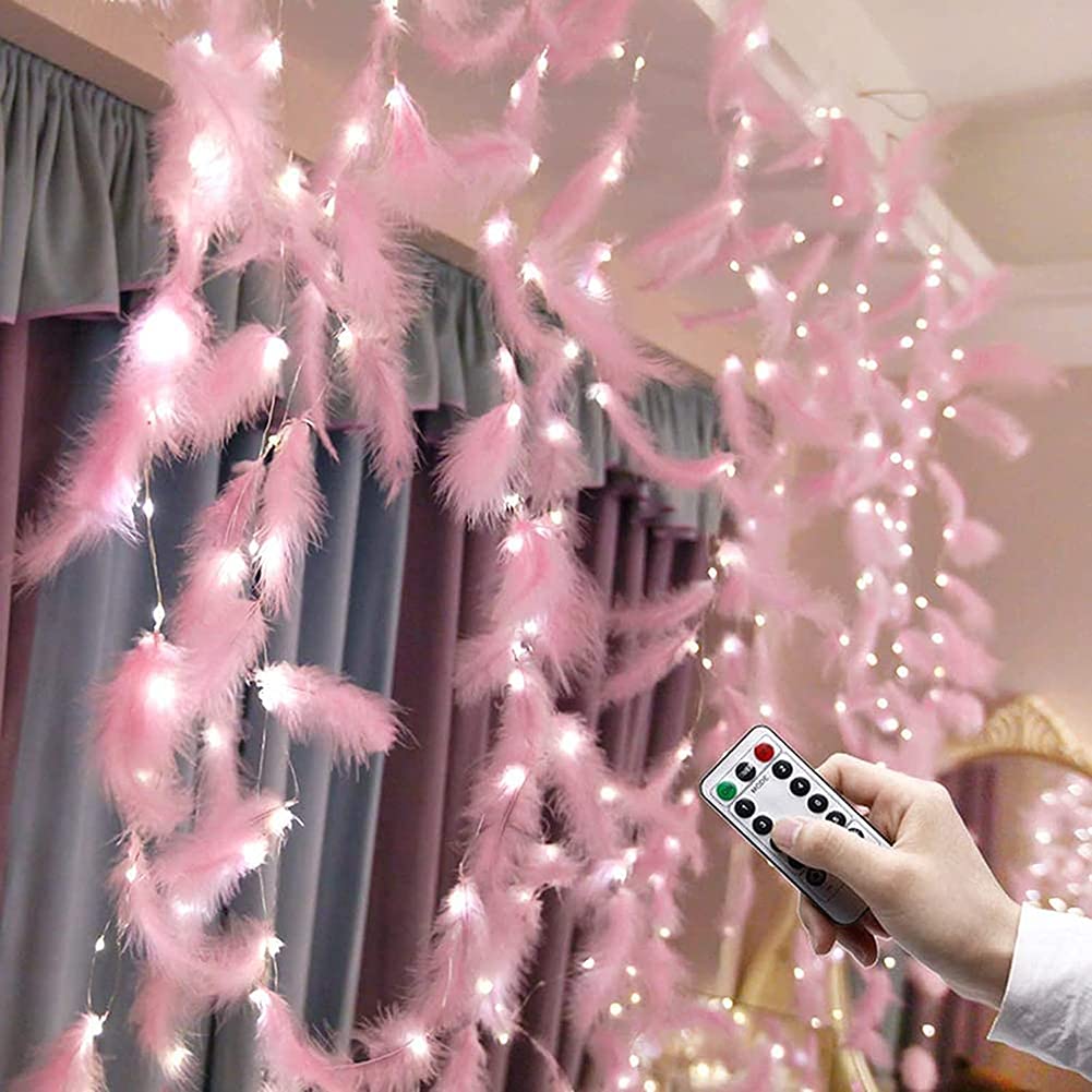 Uposao 300 LED Pink Feathers Fairy String Light Remote Control Romantic Wall Curtain Decoration 8 Light Modes Remote Control USB Light String Outdoor Indoor Party Bedroom Decoration