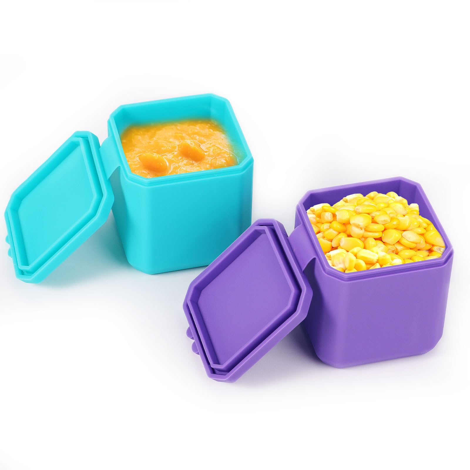BOXOB 2pcs Salad Dressing Container 4oz for OmieBox, Dipping Sauce Lunch Box Silicone Dips Containers Leakproof Condiment Cups with Lids School Picnic Travel(Cyan, Purple)