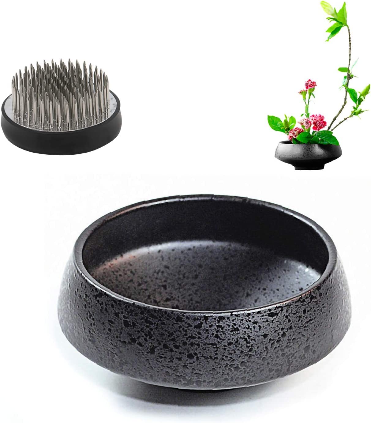 WANDIC Flower Arranging Supplies, Round Flower Frog & Black Ceramic ikebana Vases for Ikebana Floral Arrangement Art Home Decoration, Bowl Shape Black Spotted Indoor Outdoor