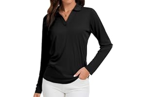 FUXERT Women's V-Neck Polo Shirts Long Sleeve Quick Dry UPF 50+ Sun Protection Business Casual Collared Tops Trendy Loose