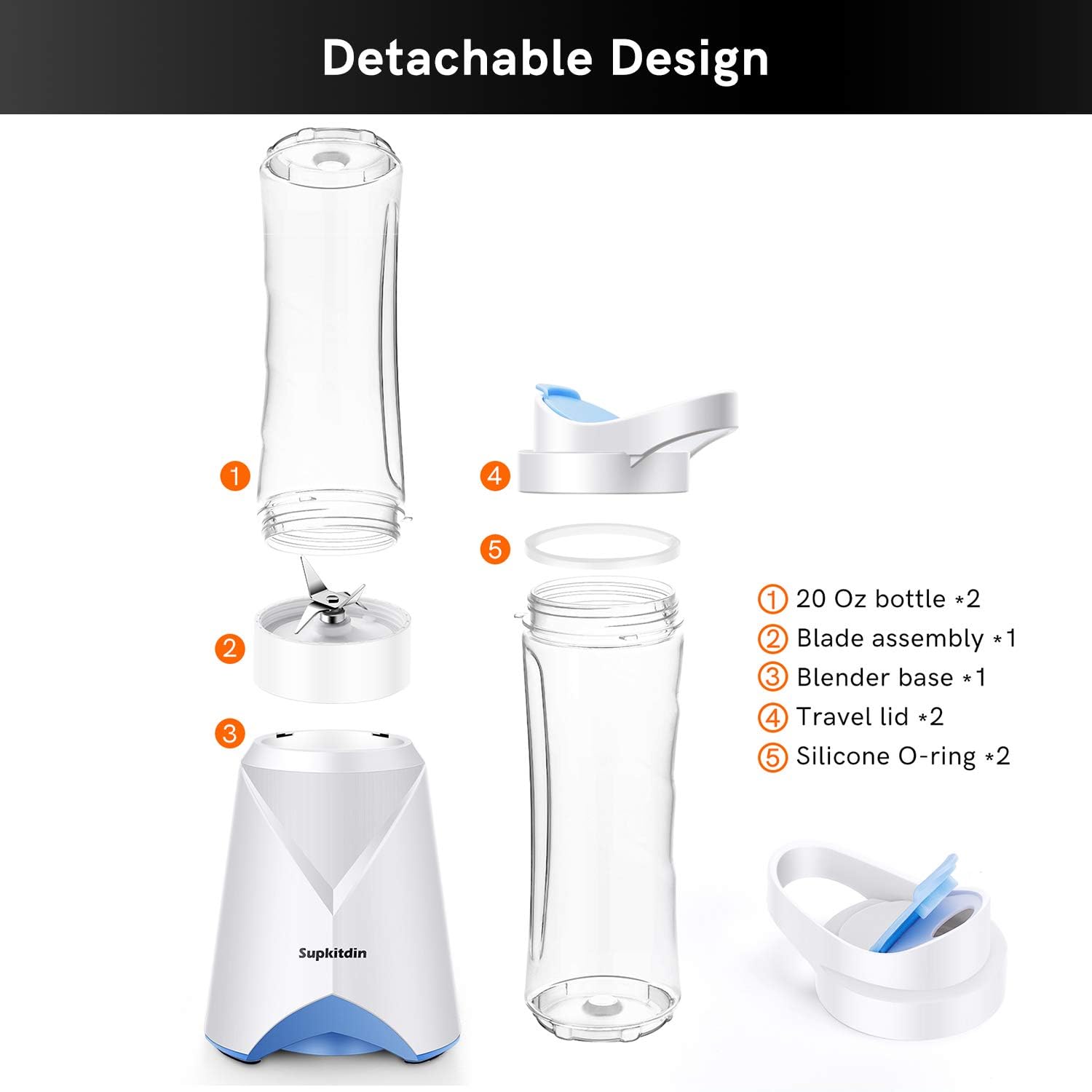 Personal Blender, Supkitdin Single Serve Blender Smoothie Blender for Fruits and Vegetables with 2 * 20oz BPA-Free Travel Sport Bottles: Kitchen & Dining