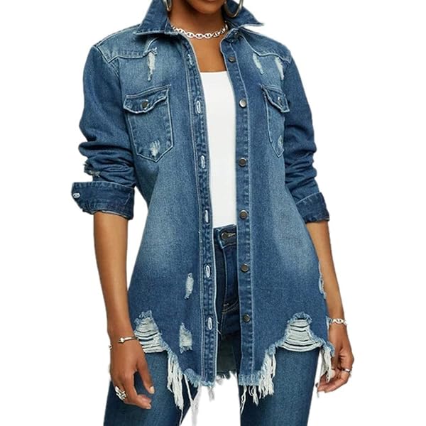ZWRXW Oversized Ripped Denim Jacket for Women Frayed Hem Shacket 