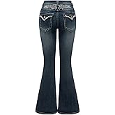 WDIRARA Women's Goth Punk Rhinestone Embroidered Flare Jeans Bootcut Denim Pants