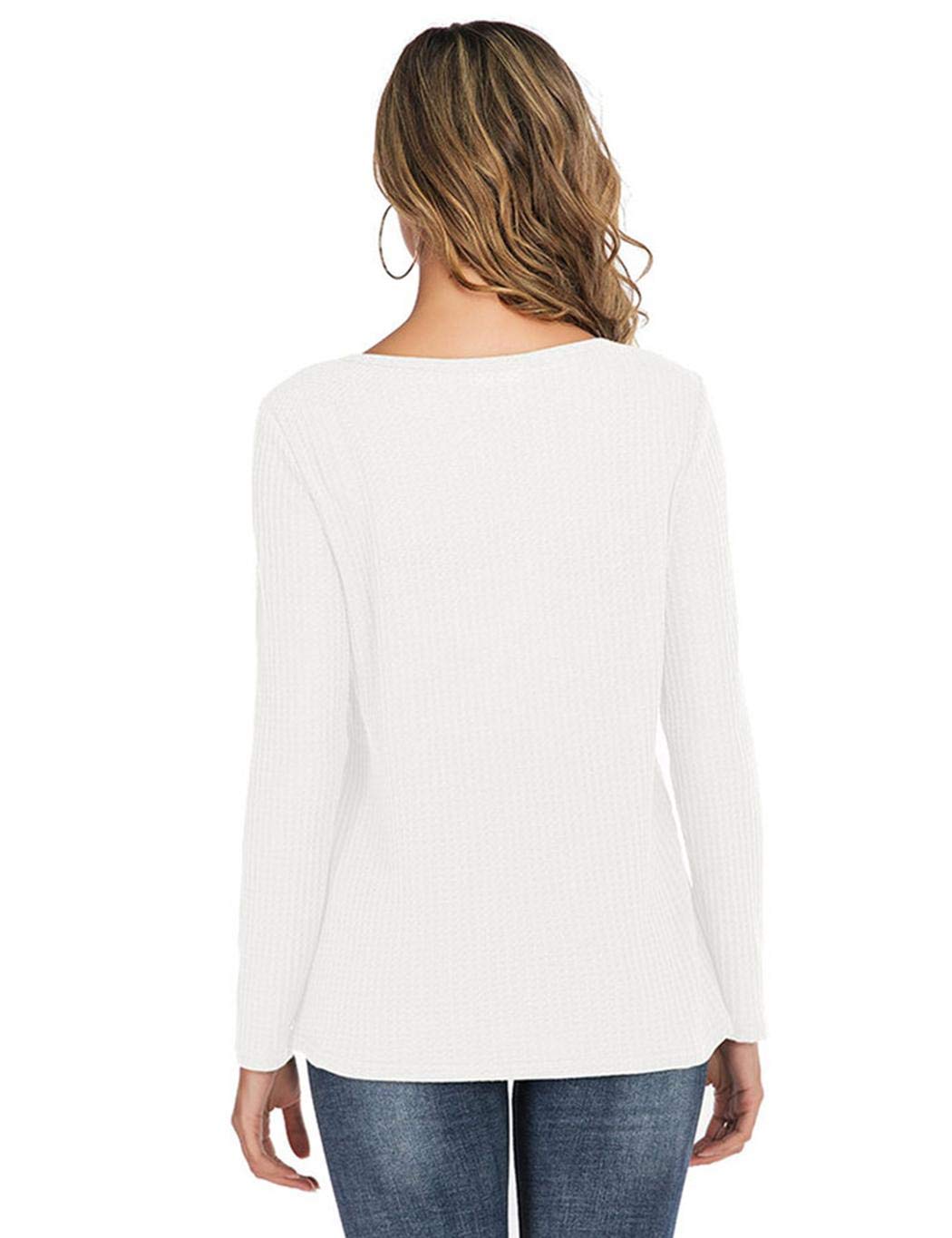 XioNiu Women Casual Long Sleeve Solid T-Shirt Autumn Winter V-Neck Loose Tops Knits & Tees White