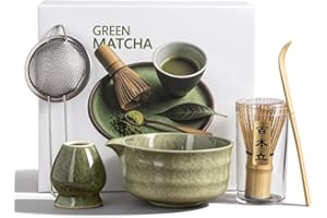 Matcha Whisk Set, Matcha Kit Japanese Tea Set Includes Matcha Bowl with Spout, Matcha Whisk Holder (Chasen), Bamboo Matcha Wh