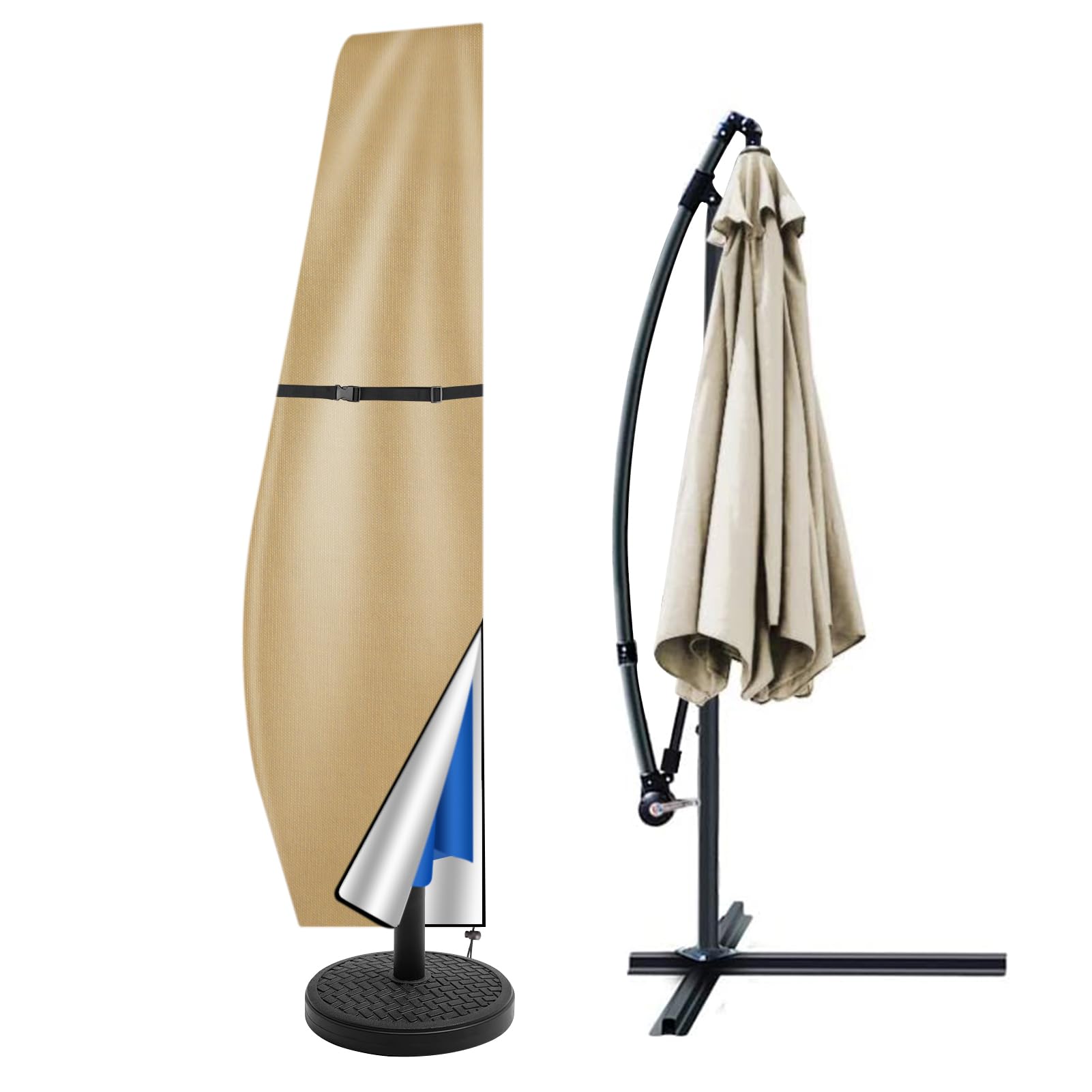 Teynewer Parasol Cover Waterproof, Cantilever Parasol Protective Covers with Telescopic Pole and Zipper Fit for 2 to 4 m Large Umbrella Patio Parasol Weatherproof UV-Anti Windproof, Khaki