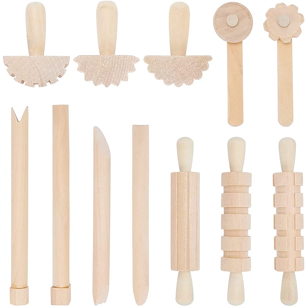 Hopbucan 12Pcs Clay and Dough Tools Play Accessories Includes Rollers Hammer Pack Wood Pottery Tools Stamps for Clay Art