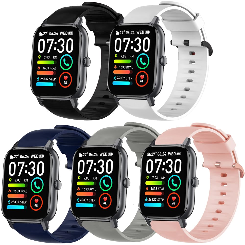 for P66D Smart Watch 1.85 Inch Band, Silicone Replacement Soft Band Wristbands Straps with Stainless Steel Buckle Compatible with Aptkdoe P66D / Dotn P66D / Ddidbi P66D Smartwatch 1.85 Inch (5 pack)