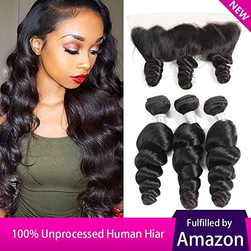 Peruvian Loose Wave 3 Bundles with Lace Frontal 13x4 Ear to Ear Closure Free Part Unprocessed 8A Virgin Human Hair Natural Color (16 18 20+16LF)