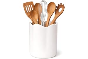 LYRIMEAI Utensil Holder for Kitchen Counter, 7.1" Ceramic Kitchen Utensil Holder Crock for Countertop with Cork Bottom, Cooki